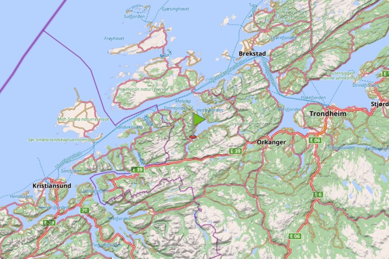 Karte der Gegend zwischen Kristiansund und Trondheim